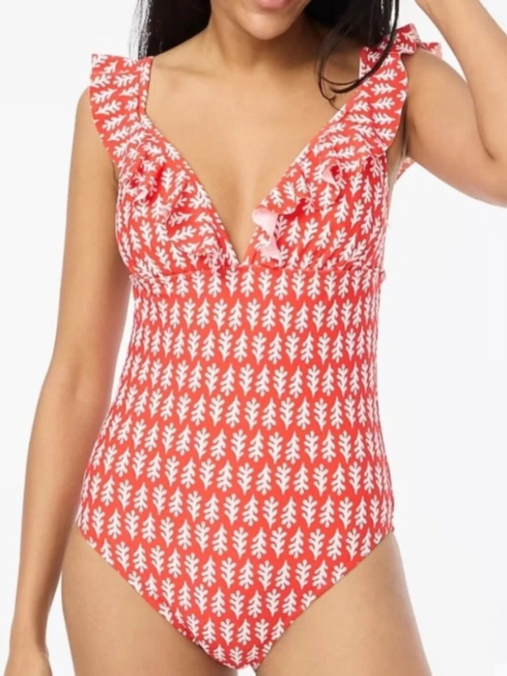 J. Crew Factoy Floral Ruffle Shoulder V Neck One Piece Swimsuit Women's Sz L